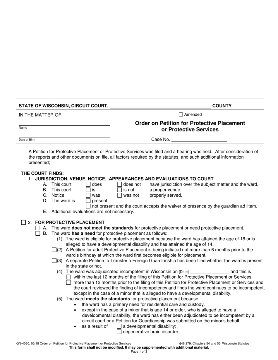 Form GN-4060 Order on Petition for Protective Placement or Protective Services - Wisconsin, Page 1