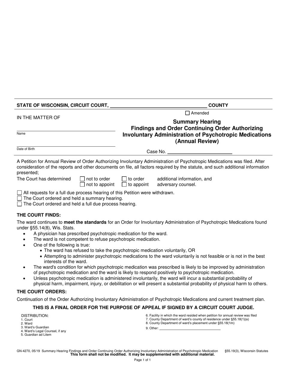 Form GN-4270 Summary Hearing Findings and Order Continuing Order Authorizing Involuntary Administration of Psychotropic Medications (Annual Review) - Wisconsin, Page 1