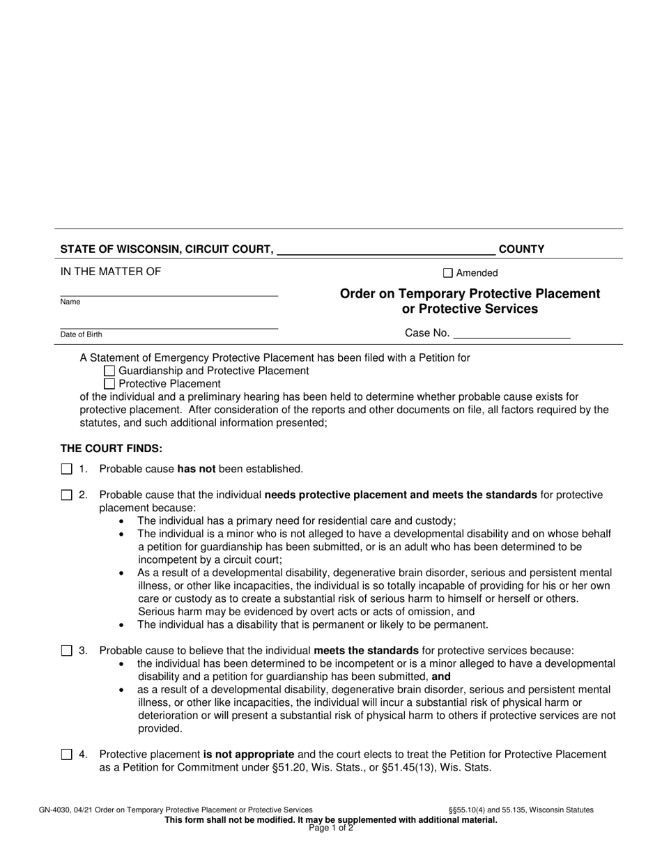 Form GN-4030 Order on Temporary Protective Placement or Protective Services - Wisconsin, Page 1