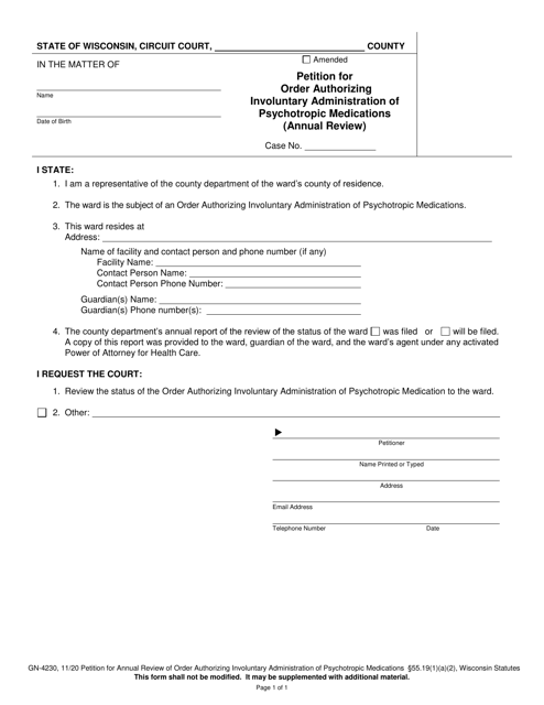 Form GN-4230 Petition for Order Authorizing Involuntary Administration of Psychotropic Medications (Annual Review) - Wisconsin