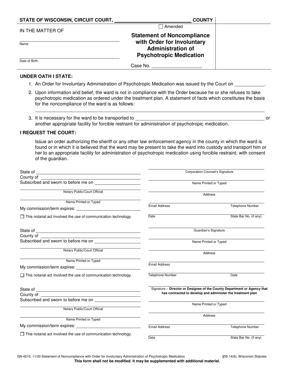 Form GN-4210 Statement of Noncompliance With Order for Involuntary Administration of Psychotropic Medication - Wisconsin, Page 1