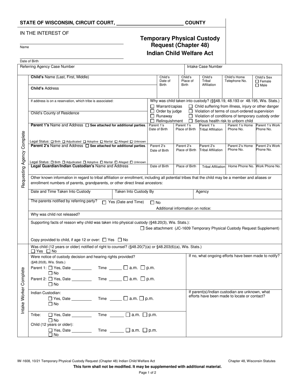 Form IW-1608 Temporary Physical Custody Request (Chapter 48) - Indian Child Welfare Act - Wisconsin, Page 1