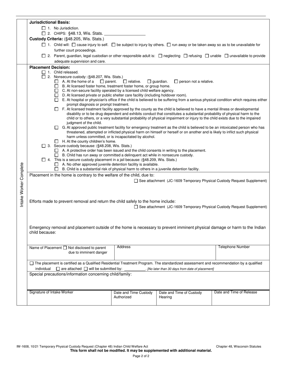 Form IW-1608 Temporary Physical Custody Request (Chapter 48) - Indian Child Welfare Act - Wisconsin, Page 2