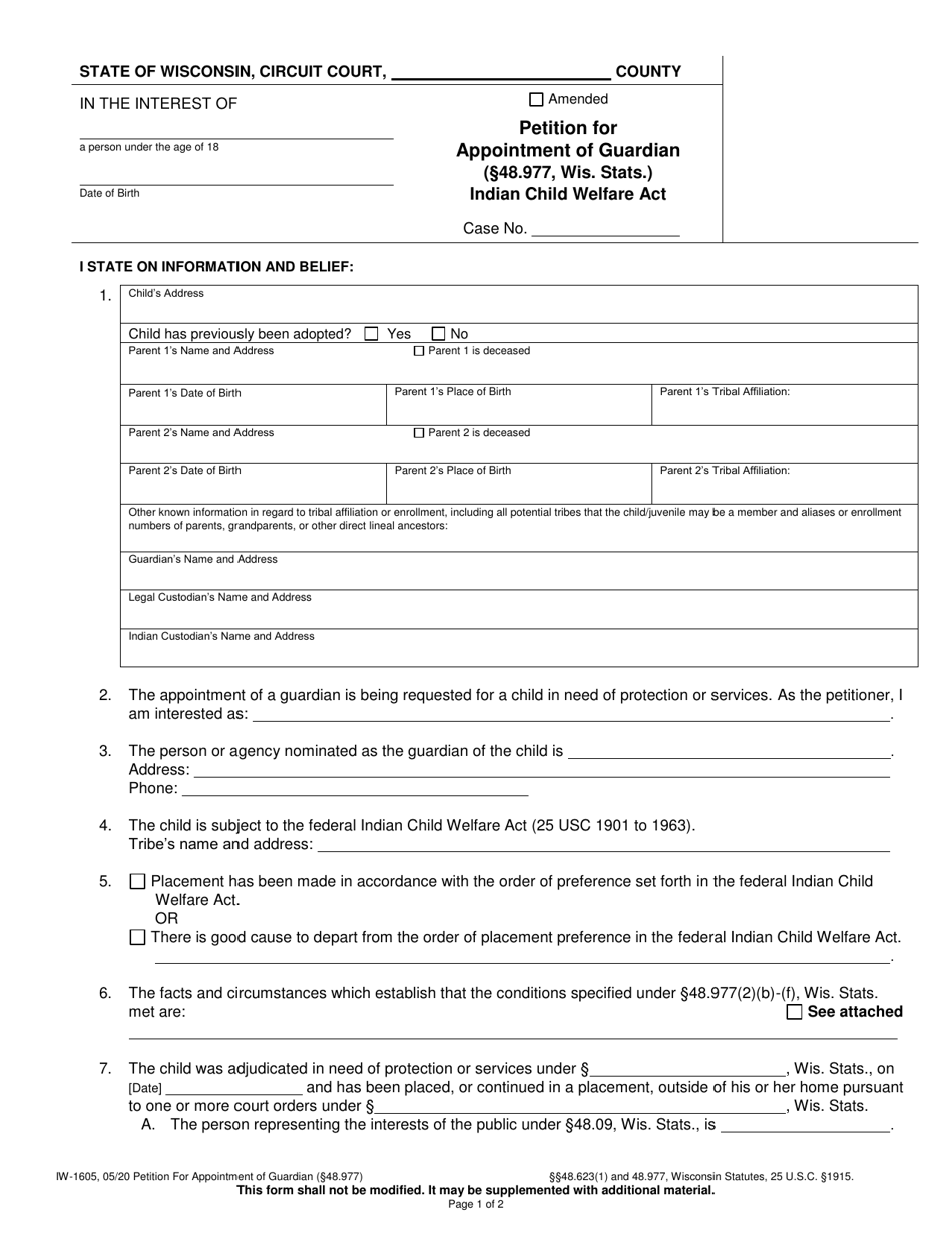 Form IW-1605 Petition for Appointment of Guardian - Indian Child Welfare Act - Wisconsin, Page 1