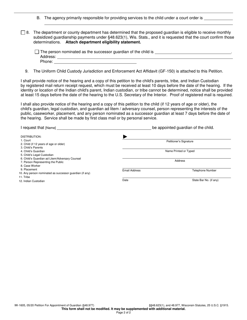 Form IW-1605 Petition for Appointment of Guardian - Indian Child Welfare Act - Wisconsin, Page 2