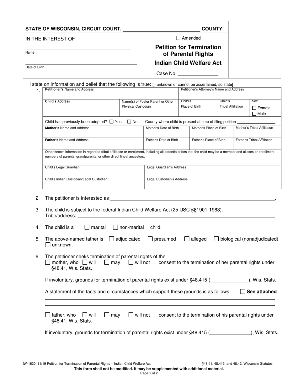 Form IW-1630 Petition for Termination of Parental Rights - Indian Child Welfare Act - Wisconsin, Page 1