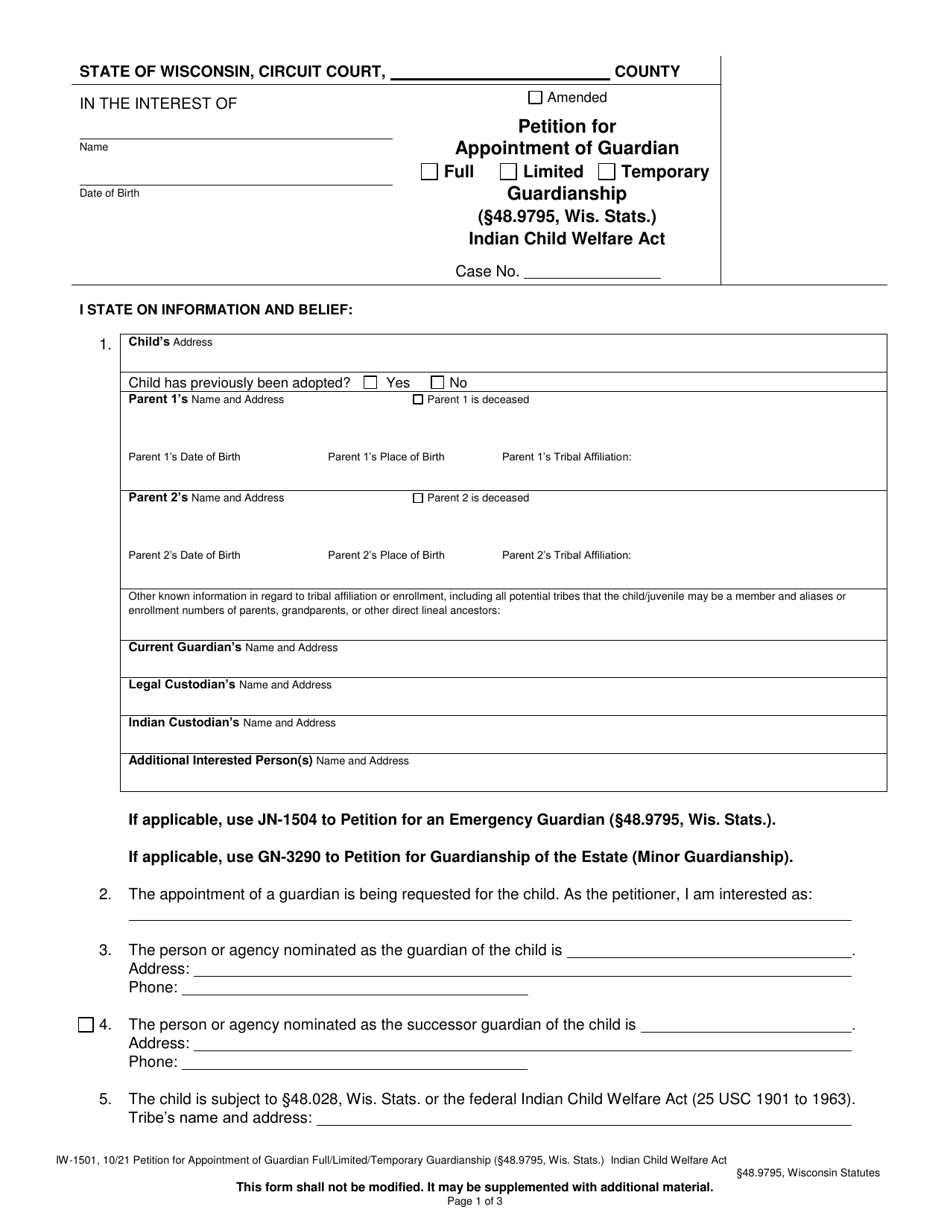 Form IW-1501 Petition for Appointment of Guardian Full / Limited / Temporary Guardianship (48.9795, Wis. Stats.) - Indian Child Welfare Act - Wisconsin, Page 1