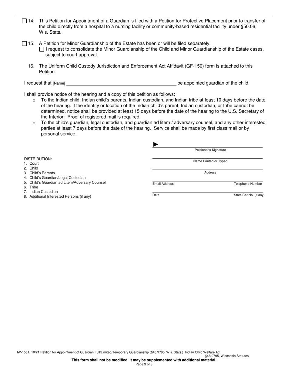 Form IW-1501 Petition for Appointment of Guardian Full / Limited / Temporary Guardianship (48.9795, Wis. Stats.) - Indian Child Welfare Act - Wisconsin, Page 3