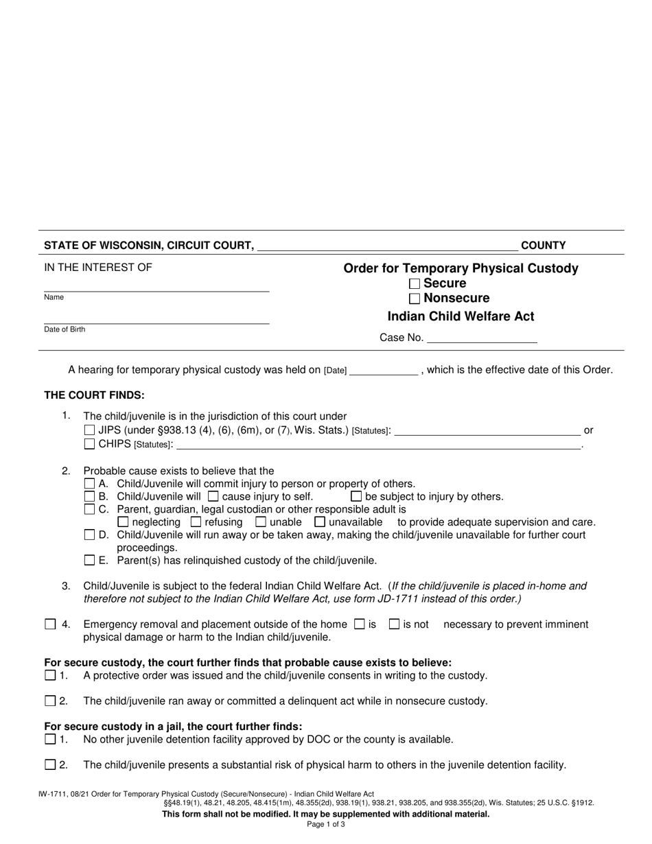 Form IW-1711 Order for Temporary Physical Custody (Secure / Nonsecure) - Indian Child Welfare Act - Wisconsin, Page 1