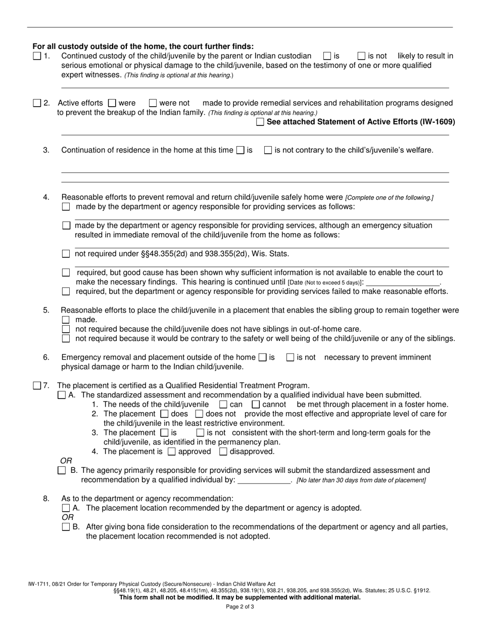 Form IW-1711 Order for Temporary Physical Custody (Secure / Nonsecure) - Indian Child Welfare Act - Wisconsin, Page 2