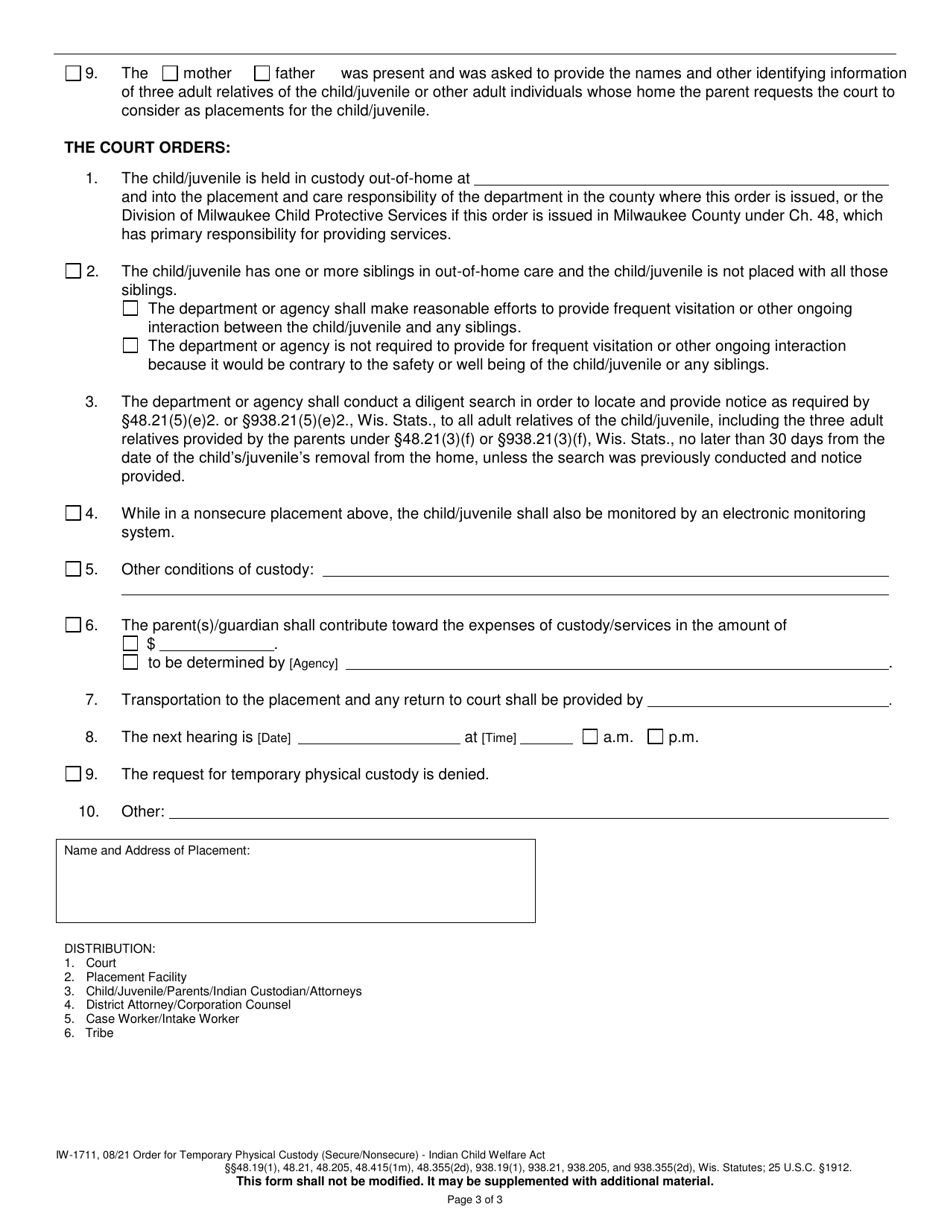 Form IW-1711 Order for Temporary Physical Custody (Secure / Nonsecure) - Indian Child Welfare Act - Wisconsin, Page 3