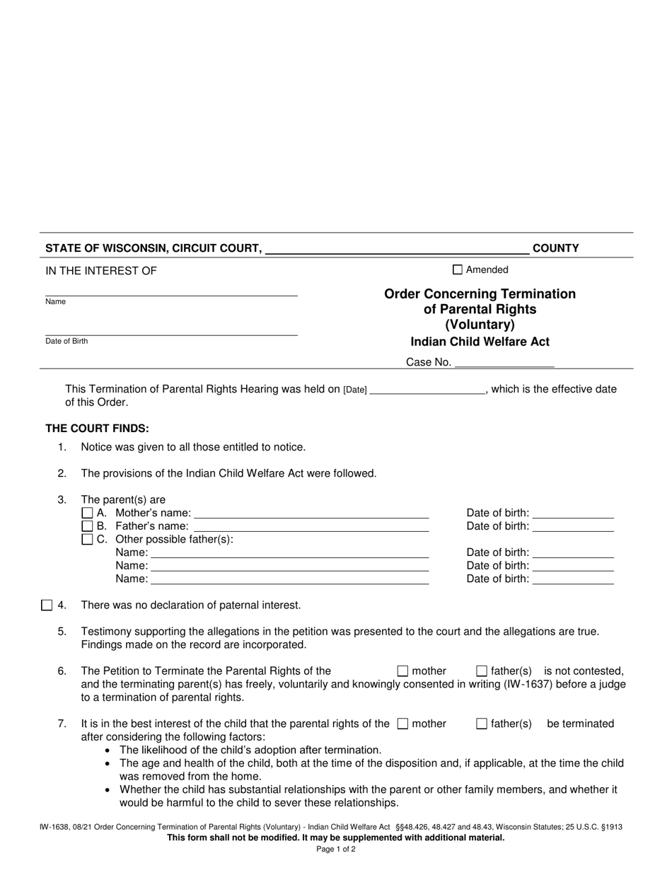 Form IW-1638 Order Concerning Termination of Parental Rights (Voluntary) - Indian Child Welfare Act - Wisconsin, Page 1