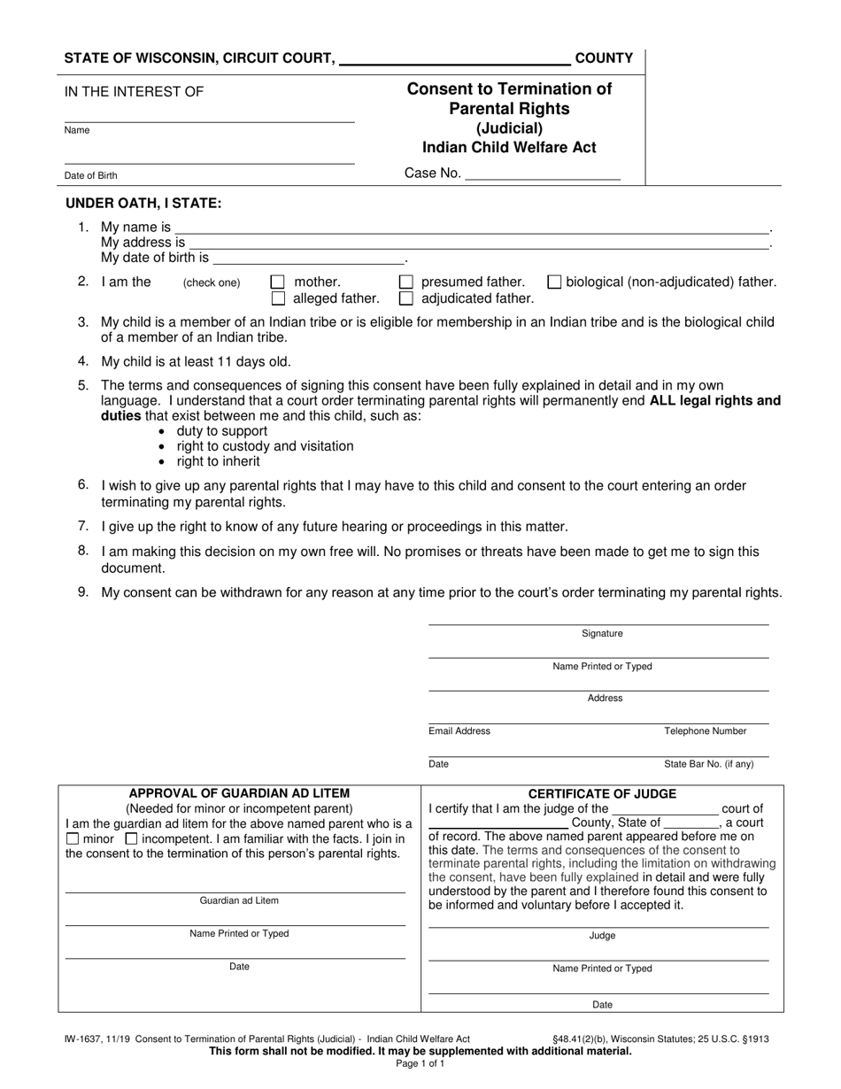 Form IW-1637 Consent to Termination of Parental Rights (Judicial) - Indian Child Welfare Act - Wisconsin, Page 1