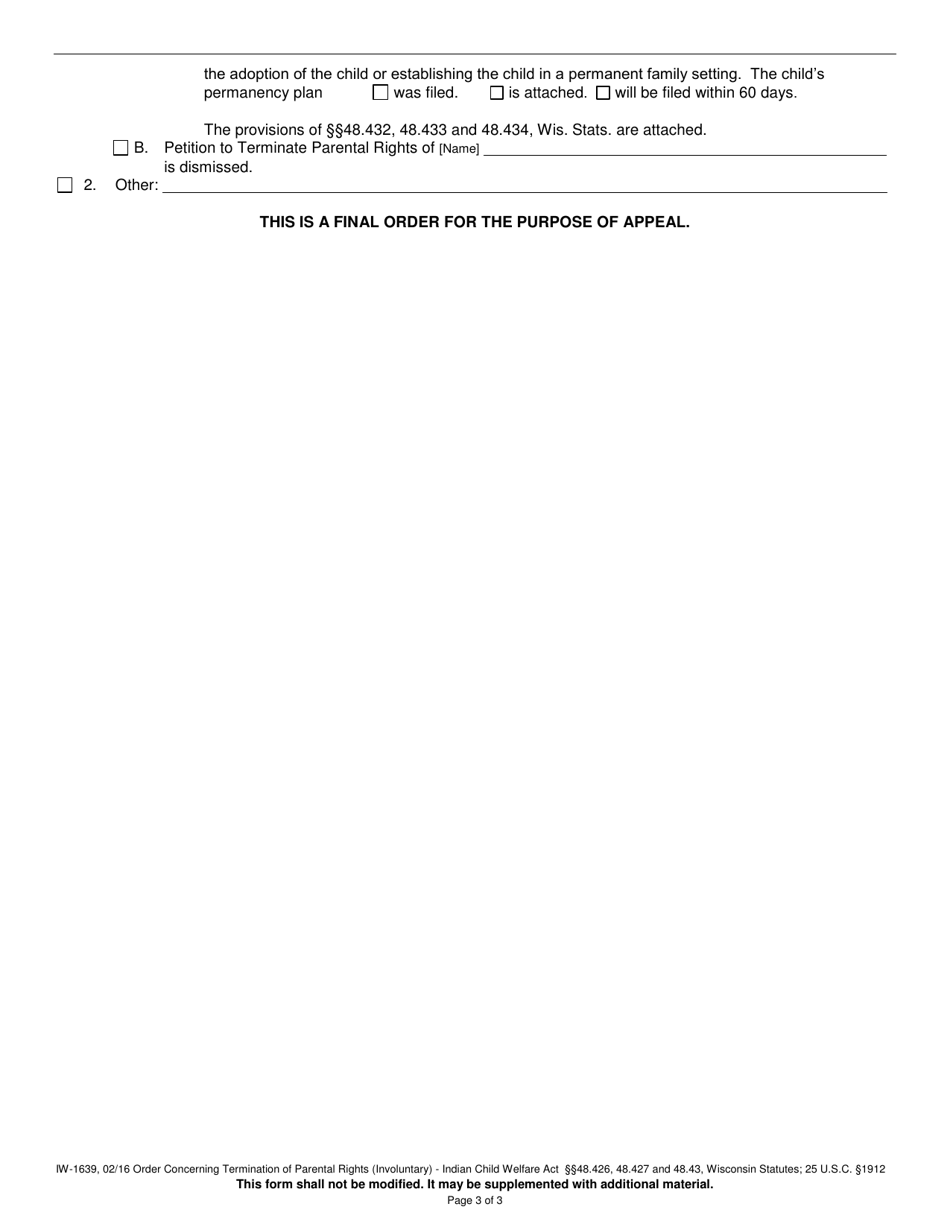 Form IW-1639 Order Concerning Termination of Parental Rights (Involuntary) - Indian Child Welfare Act - Wisconsin, Page 3