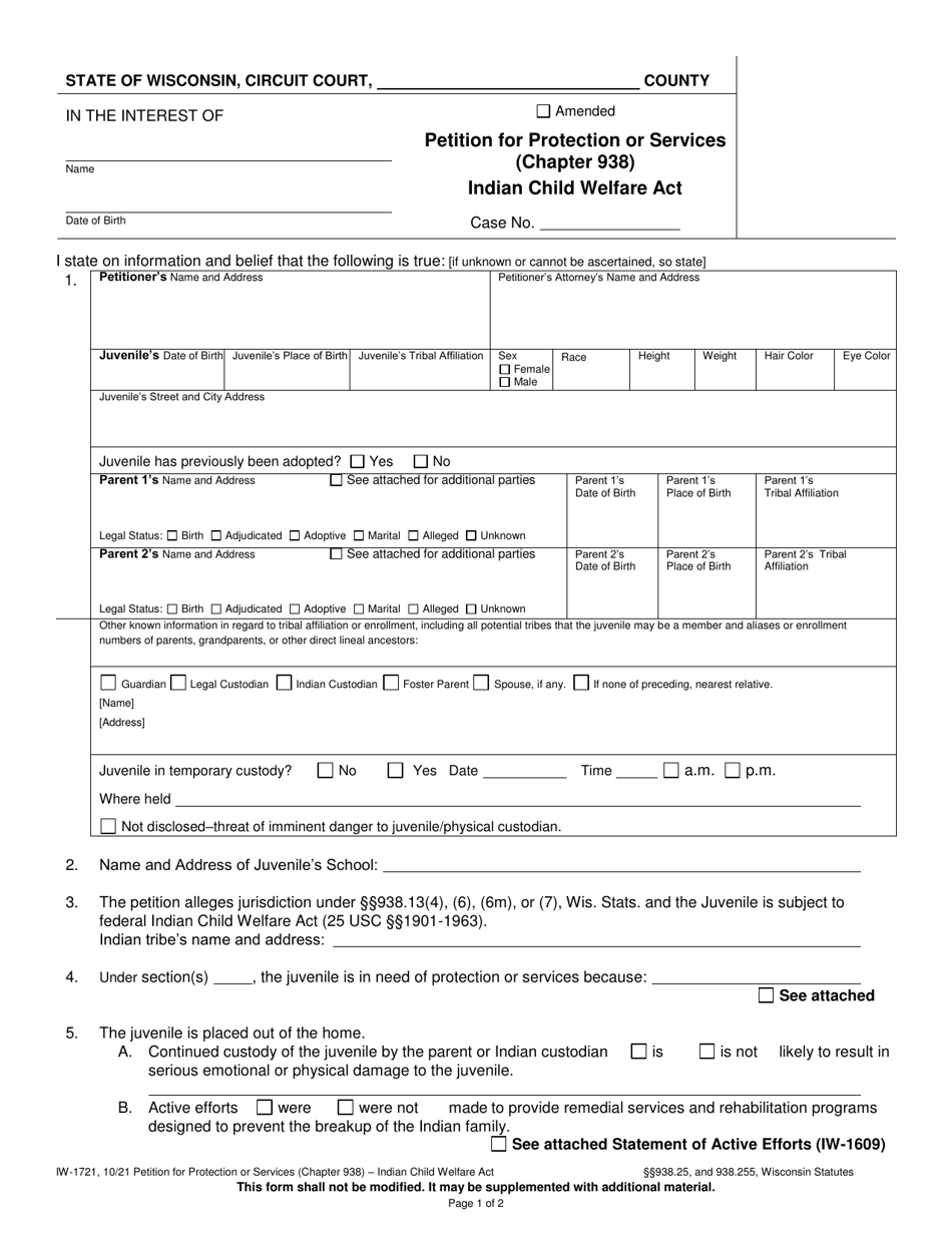 Form IW-1721 Petition for Protection or Services (Chapter 938) - Indian Child Welfare Act - Wisconsin, Page 1