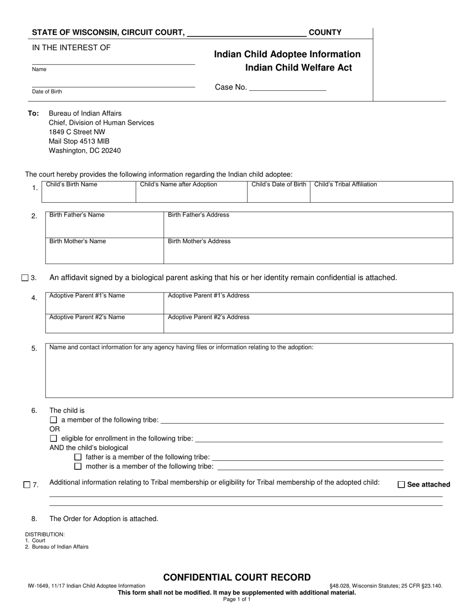 Form IW-1649 Indian Child Adoptee Information - Indian Child Welfare Act - Wisconsin, Page 1