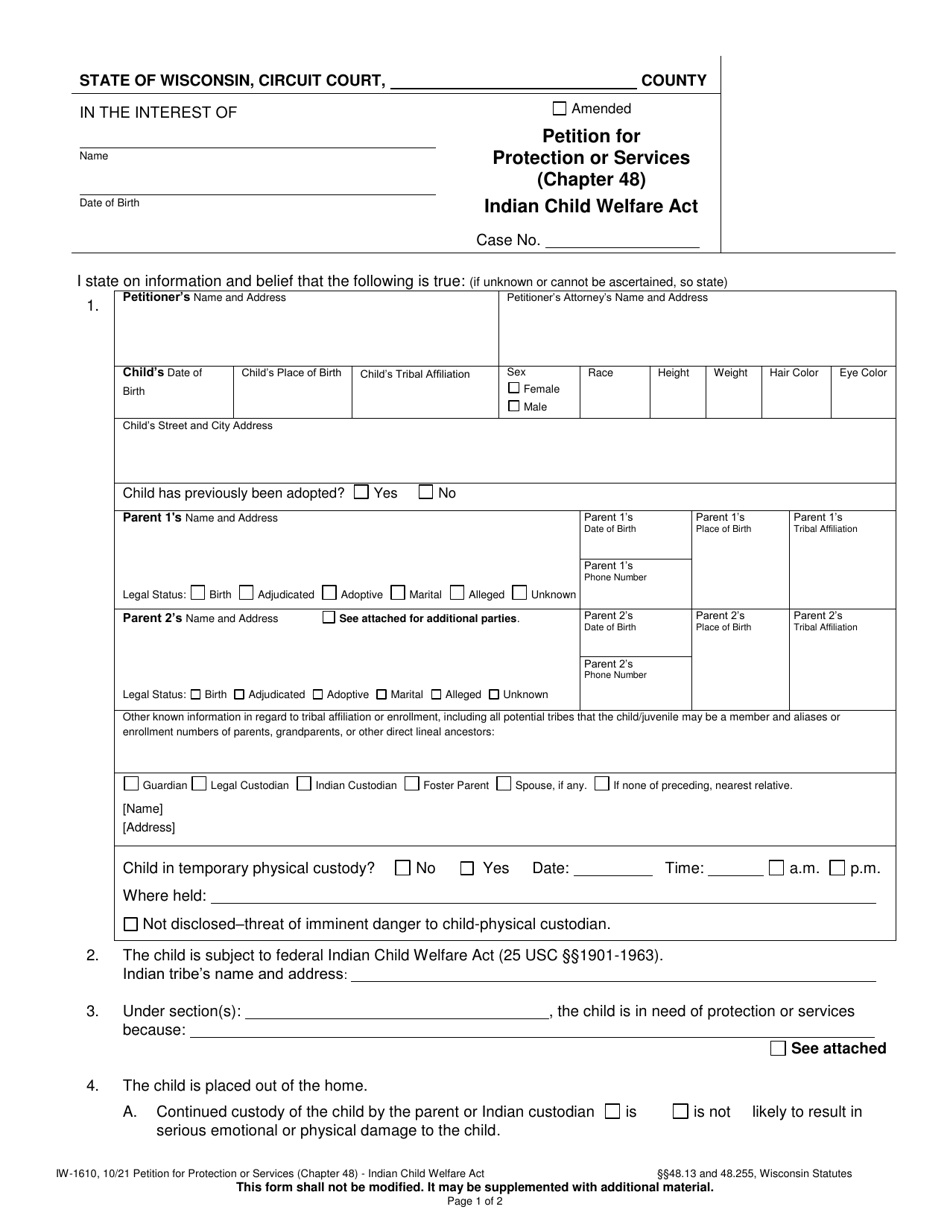 Form IW-1610 Petition for Protection or Services (Chapter 48) - Indian Child Welfare Act - Wisconsin, Page 1