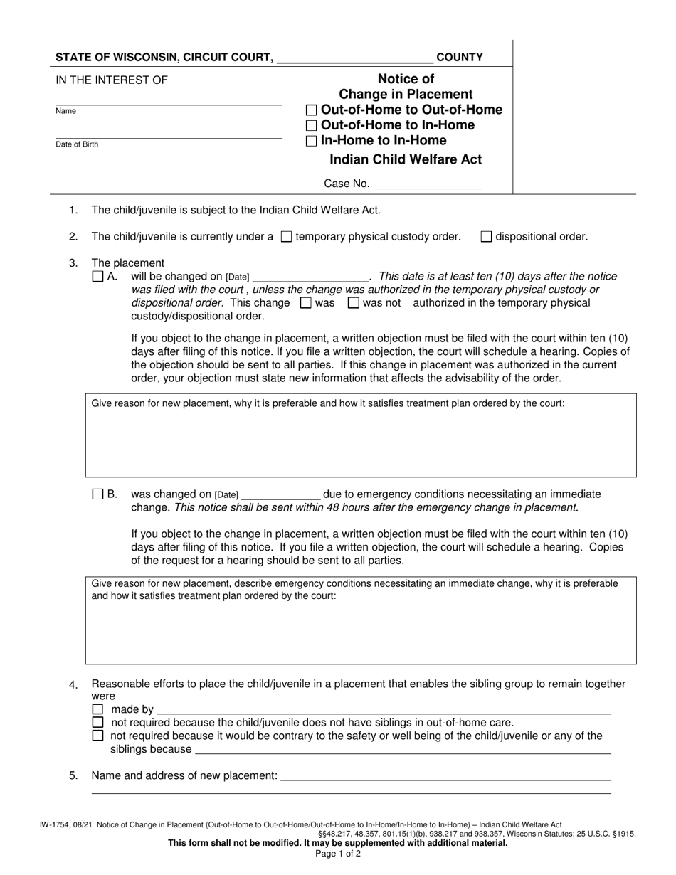 Form IW-1754 Notice of Change in Placement (Out-Of-Home to out-Of-Home / Out-Of-Home to in Home / In-home to in-Home) - Indian Child Welfare Act - Wisconsin, Page 1