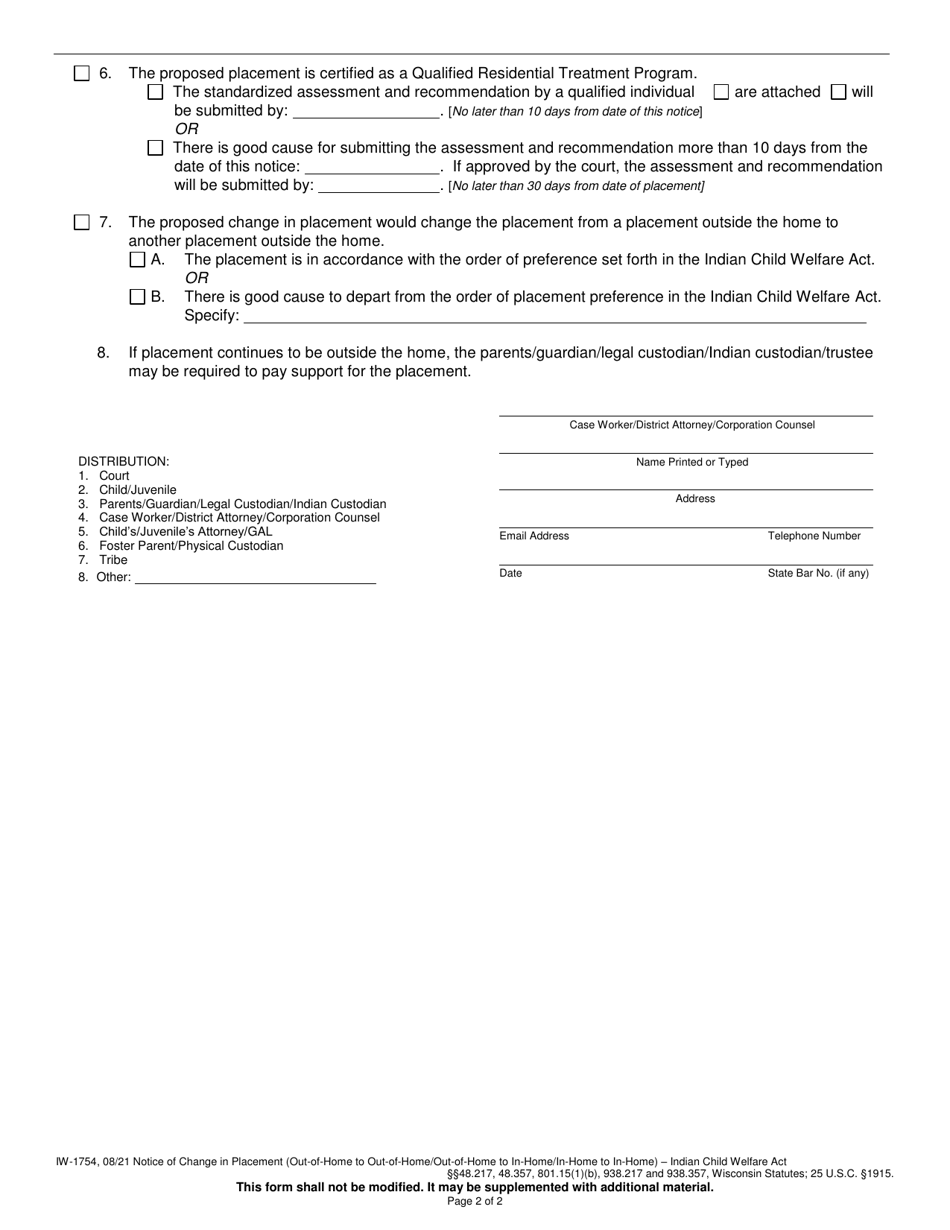 Form IW-1754 Notice of Change in Placement (Out-Of-Home to out-Of-Home / Out-Of-Home to in Home / In-home to in-Home) - Indian Child Welfare Act - Wisconsin, Page 2