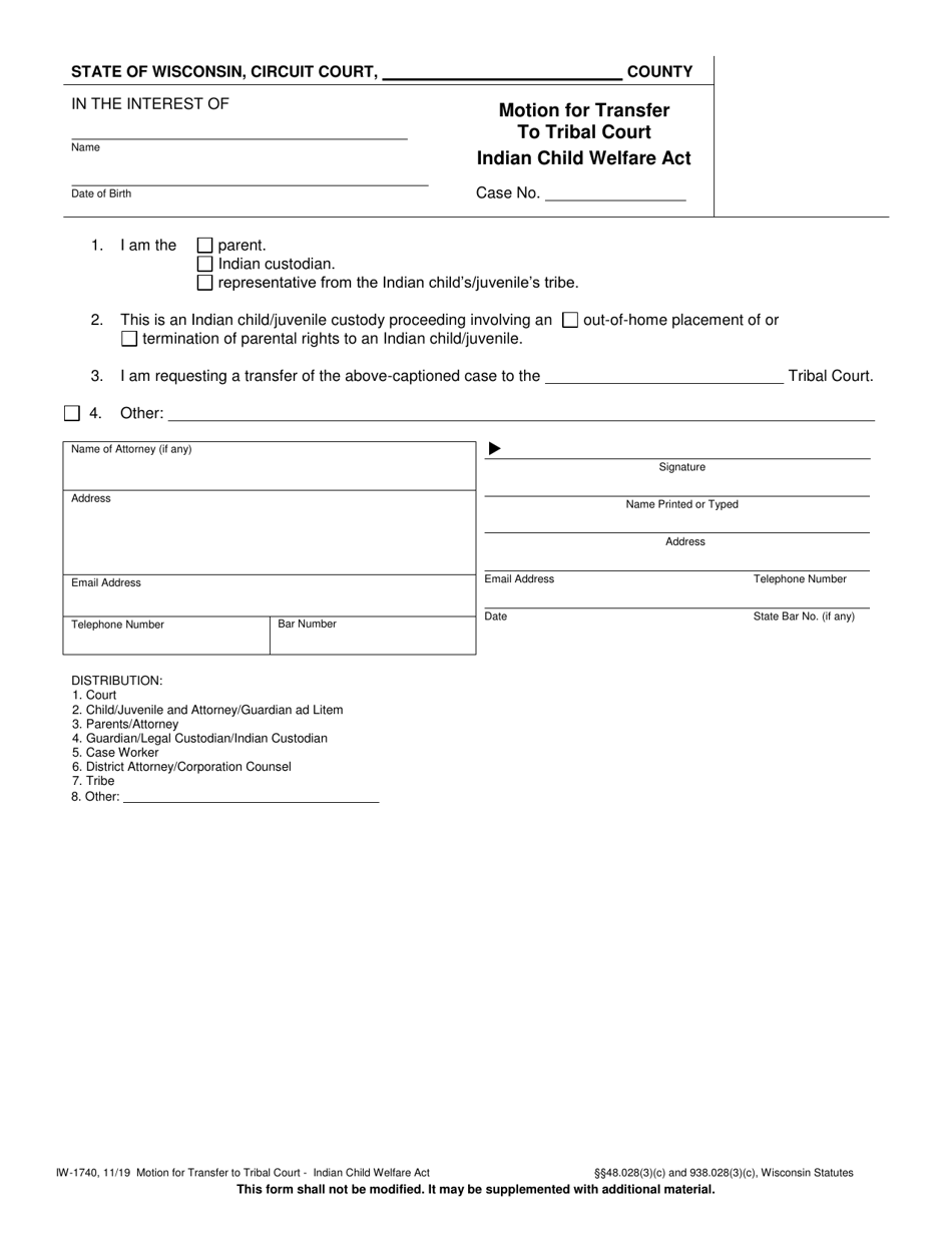 Form IW-1740 Motion for Transfer to Tribal Court - Indian Child Welfare Act - Wisconsin, Page 1
