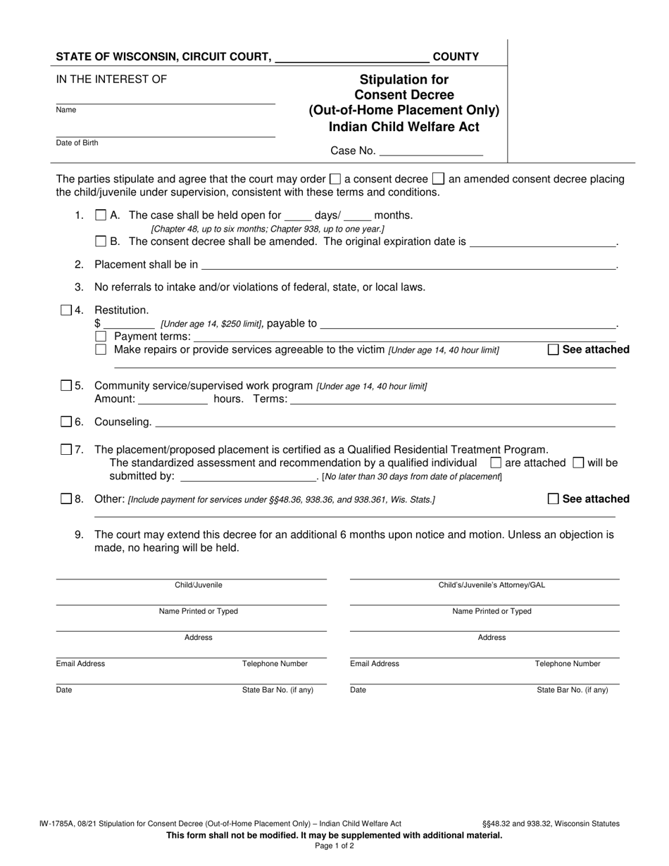 Form IW-1785A Stipulation for Consent Decree (Out-Of-Home Placement Only) - Indian Child Welfare Act - Wisconsin, Page 1