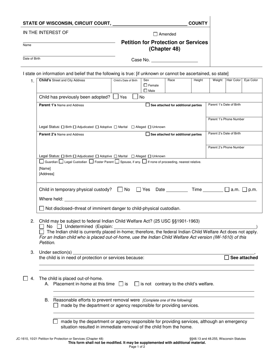 Form JC-1610 Petition for Protection or Services (Chapter 48) - Wisconsin, Page 1