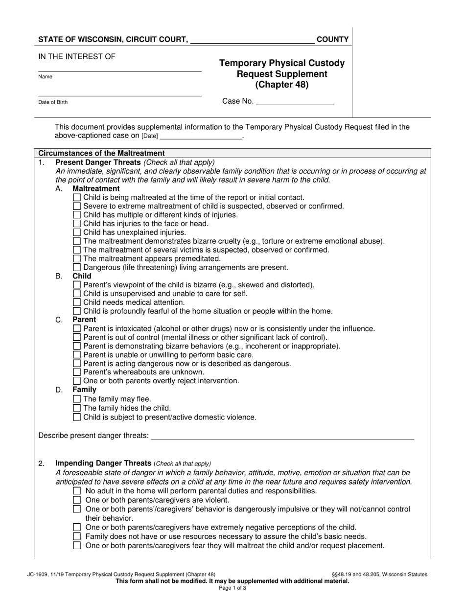 Form JC-1609 Temporary Physical Custody Request Supplement (Chapter 48) - Wisconsin, Page 1