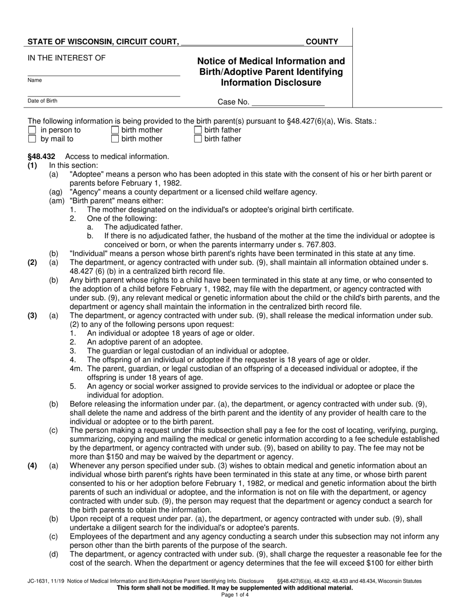 Form JC-1631 Notice of Medical Information and Birth / Adoptive Parent Identifying Information Disclosure - Wisconsin, Page 1
