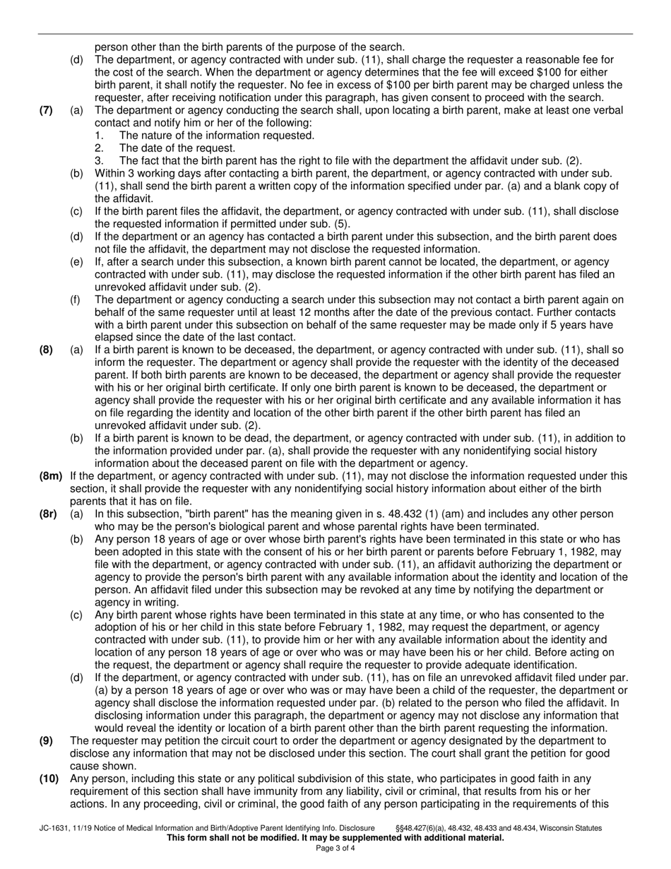 Form JC-1631 Notice of Medical Information and Birth / Adoptive Parent Identifying Information Disclosure - Wisconsin, Page 3