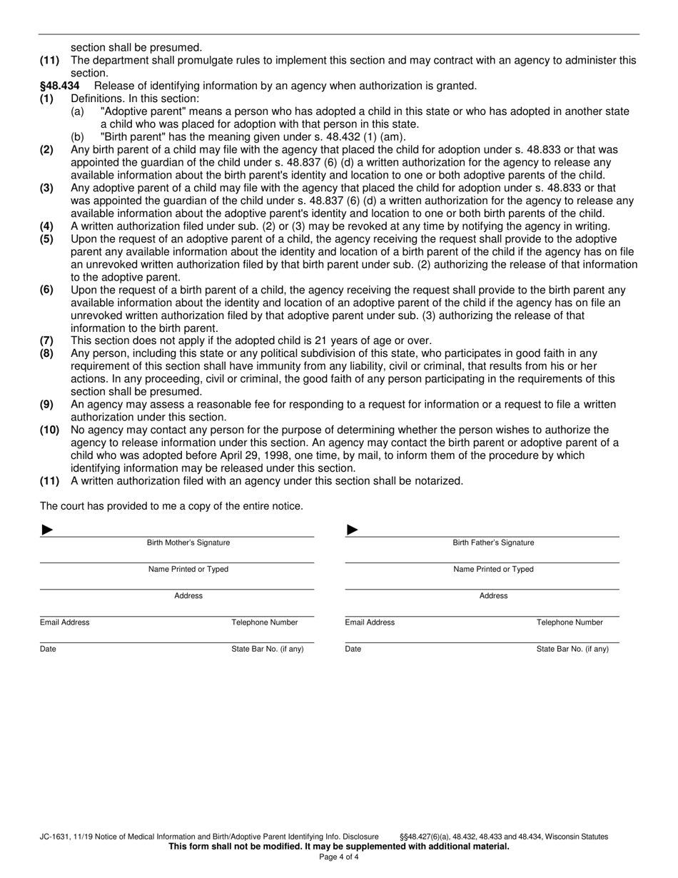Form JC-1631 Notice of Medical Information and Birth / Adoptive Parent Identifying Information Disclosure - Wisconsin, Page 4
