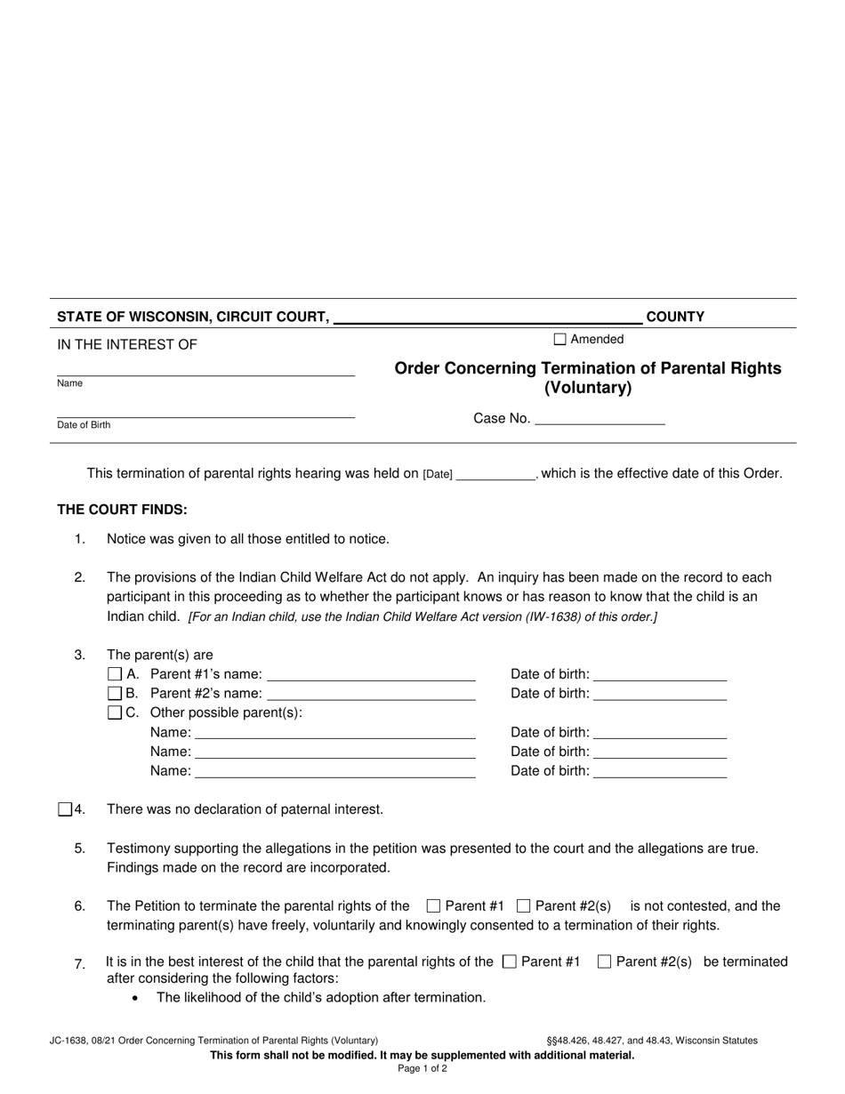 Form JC-1638 Order Concerning Termination of Parental Rights (Voluntary) - Wisconsin, Page 1