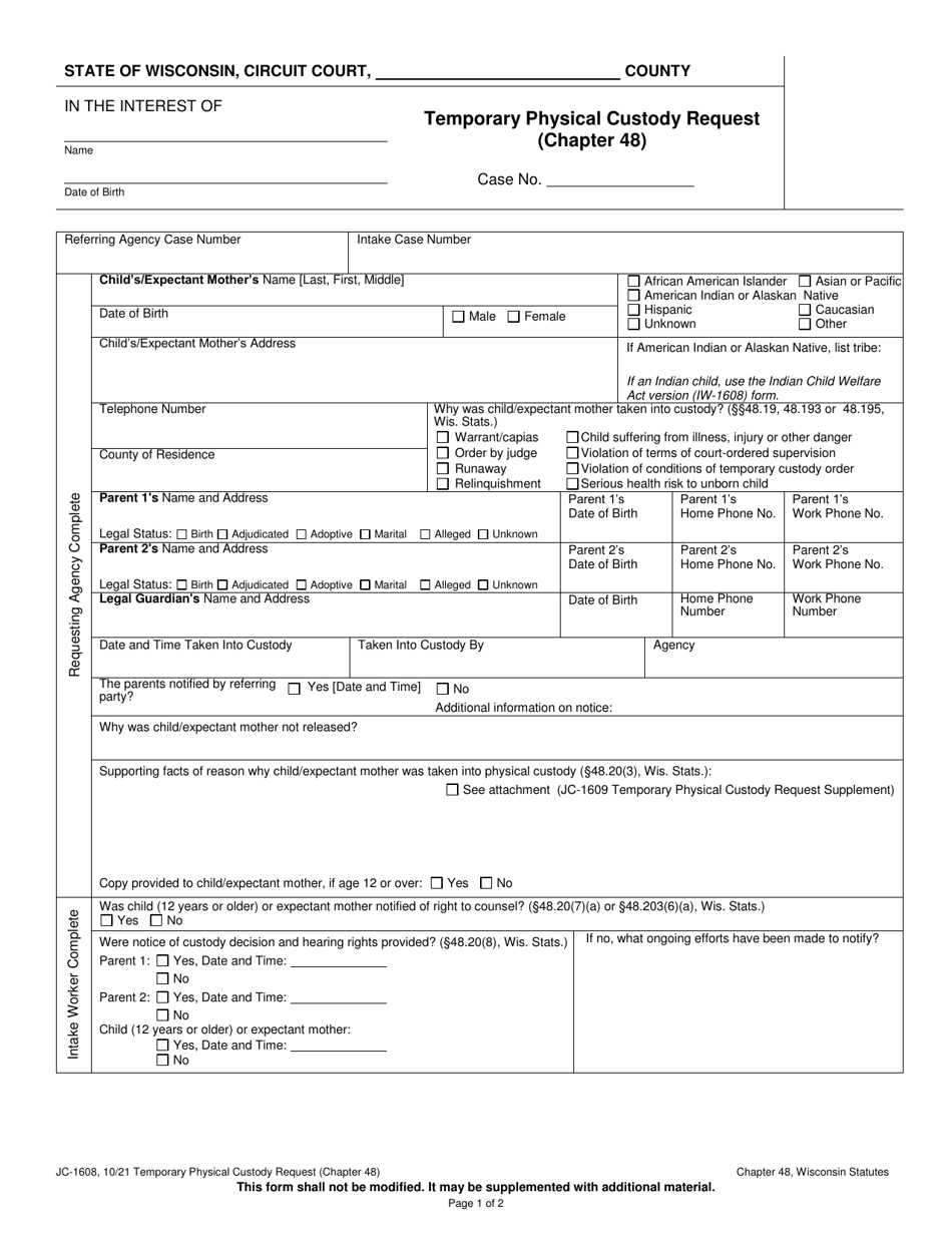 Form JC-1608 Temporary Physical Custody Request (Chapter 48) - Wisconsin, Page 1