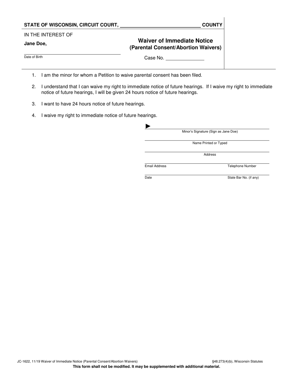 Form JC-1622 Waiver of Immediate Notice (Parental Consent / Abortion Waivers) - Wisconsin, Page 1