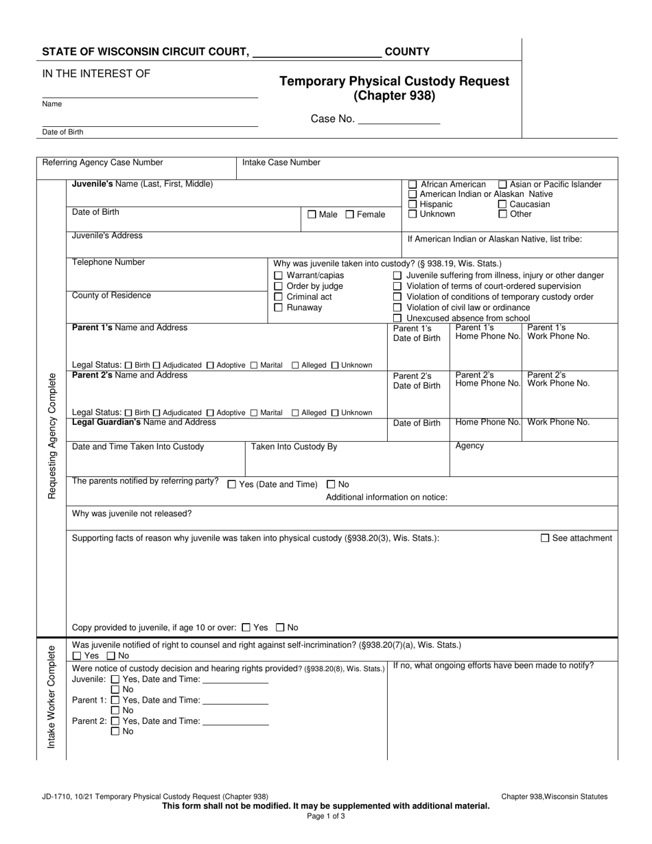 Form JD-1710 Temporary Physical Custody Request (Chapter 938) - Wisconsin, Page 1