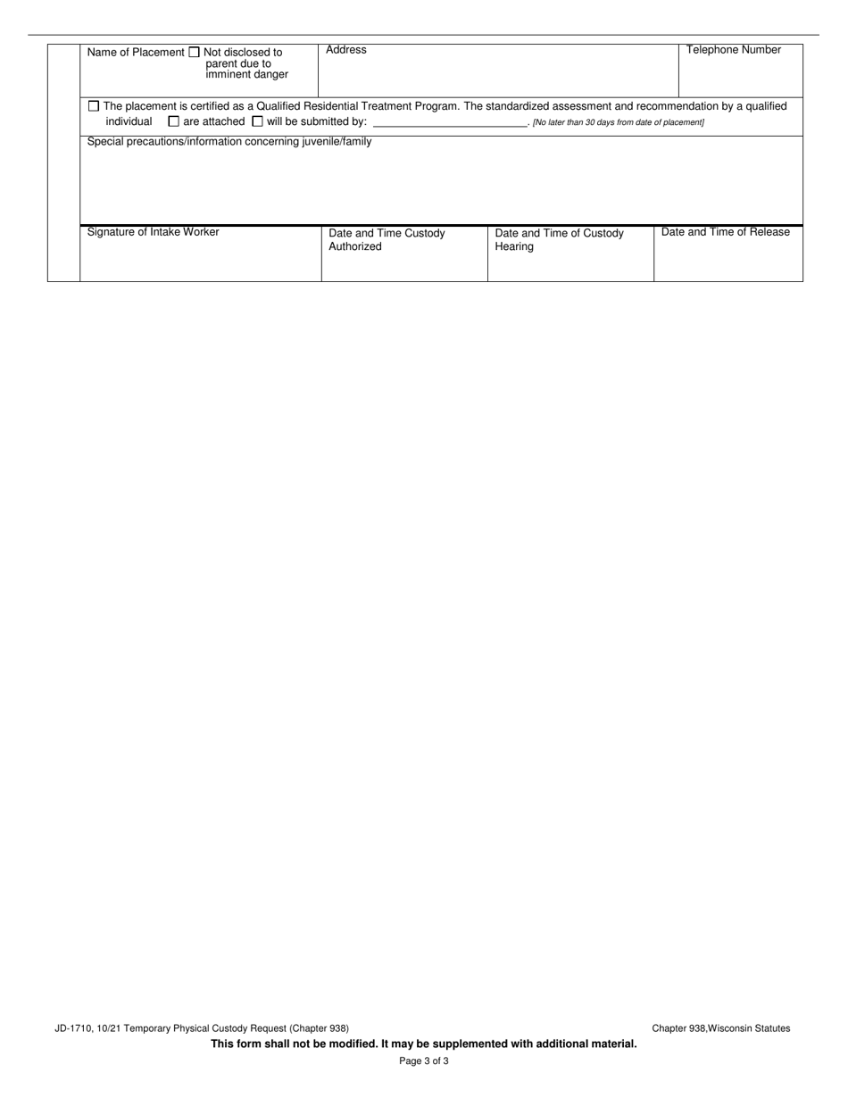 Form JD-1710 Temporary Physical Custody Request (Chapter 938) - Wisconsin, Page 3