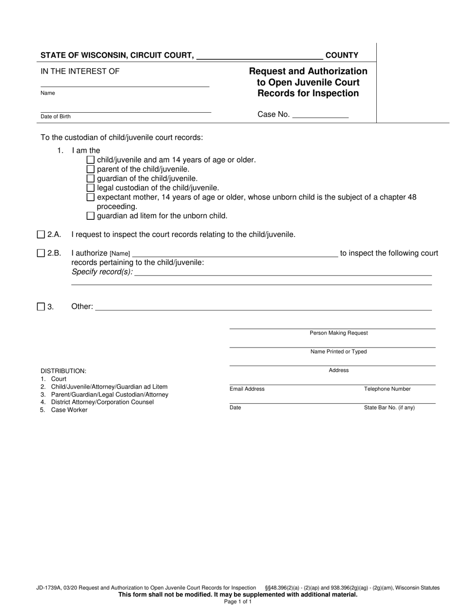 Form JD-1739A Request and Authorization to Open Juvenile Court Records for Inspection - Wisconsin, Page 1