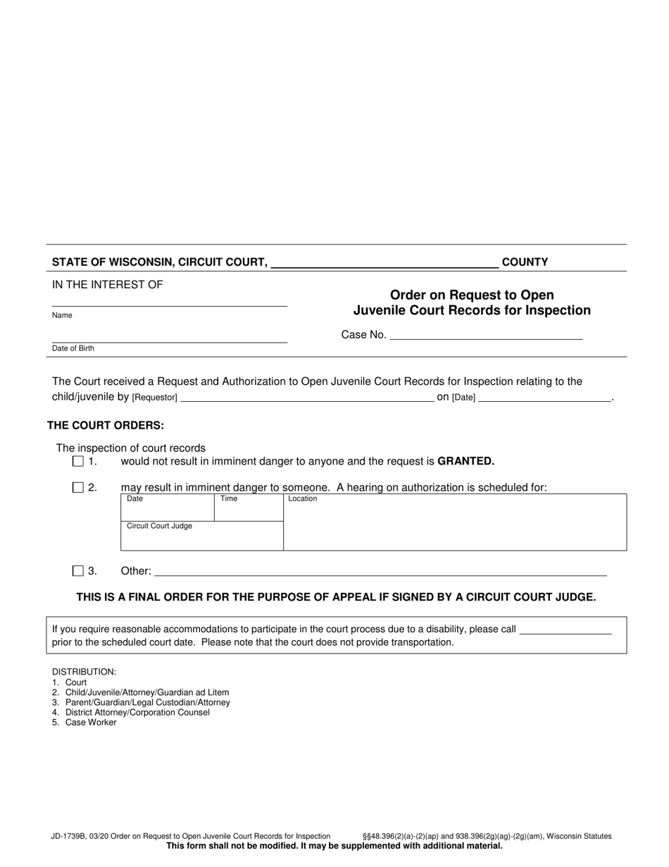 Form JD-1739B Order on Request to Open Juvenile Court Records for Inspection - Wisconsin, Page 1