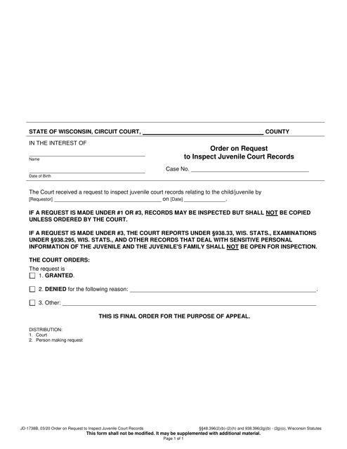 Form JD-1738B Order on Request to Inspect Juvenile Court Records - Wisconsin