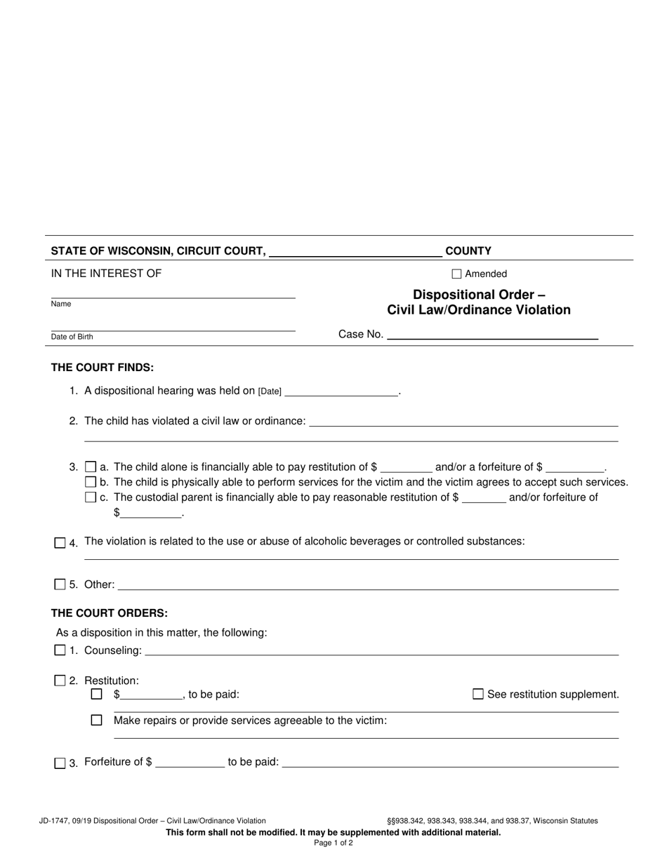 Form JD-1747 Dispositional Order - Civil Law / Ordinance Violation - Wisconsin, Page 1
