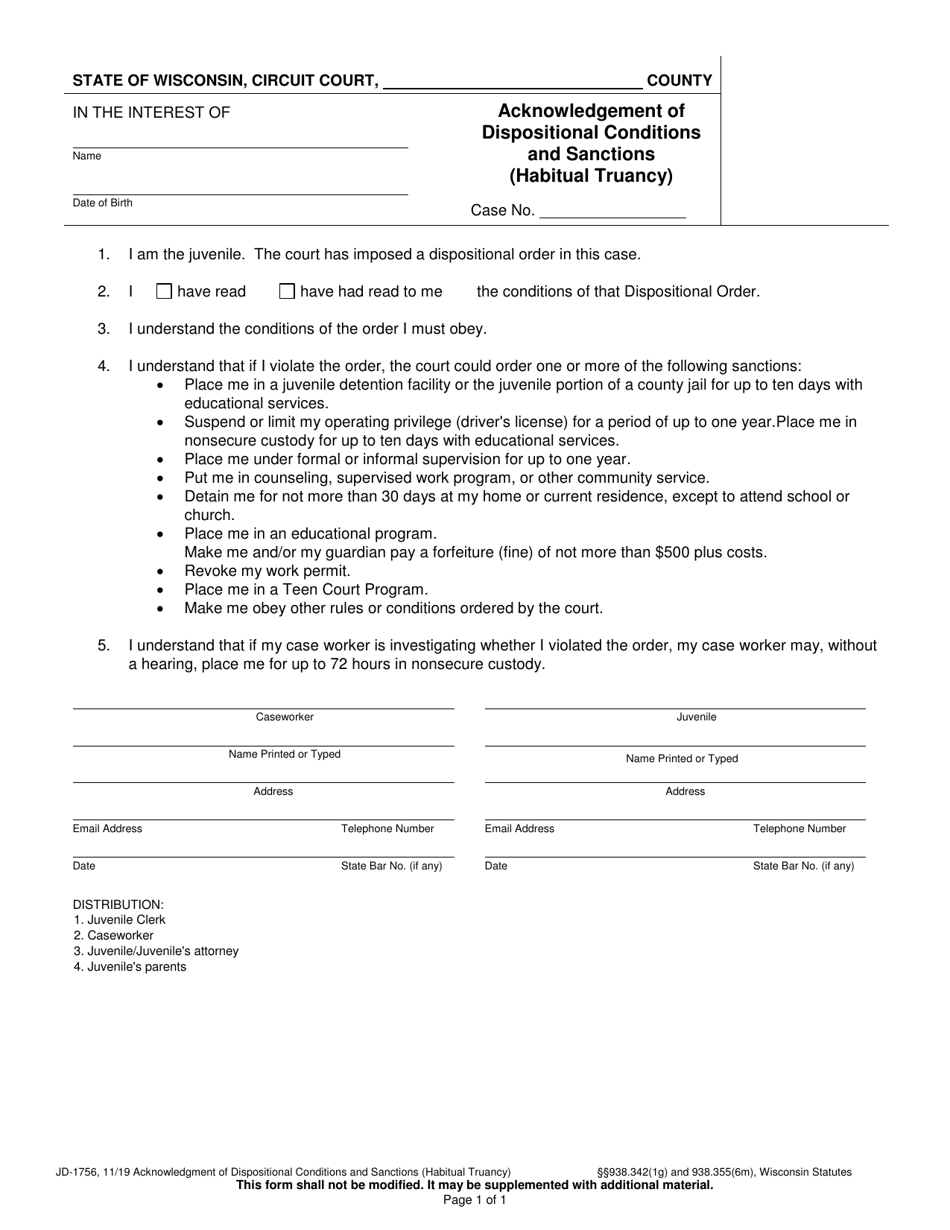 Form JD-1756 Acknowledgement of Dispositional Conditions and Sanctions (Habitual Truancy) - Wisconsin, Page 1