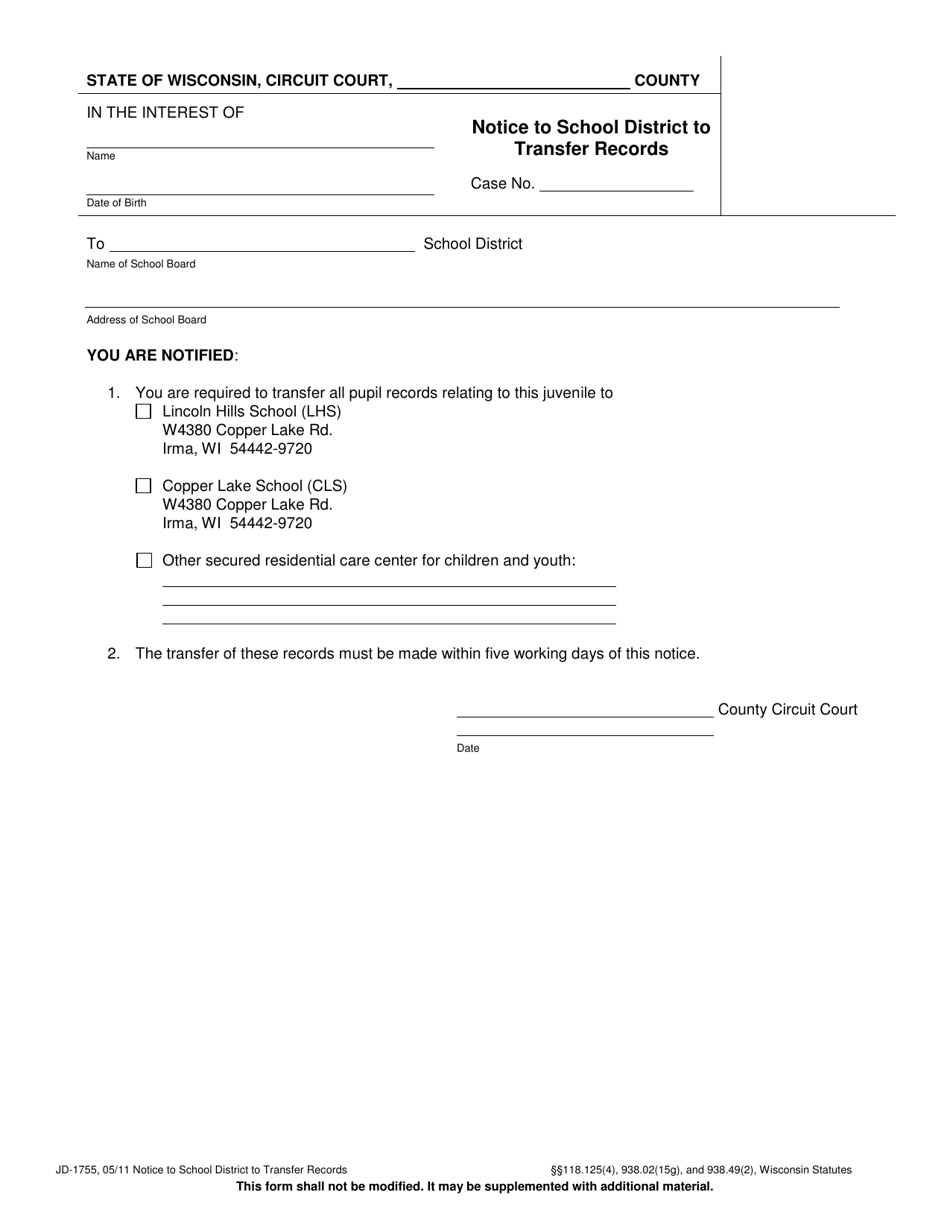 Form JD-1755 Notice to School District to Transfer Records - Wisconsin, Page 1