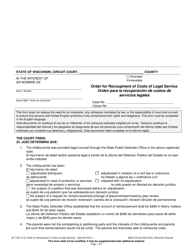 Form JD-1762 Order for Recoupment of Costs of Legal Service - Wisconsin (English/Spanish)