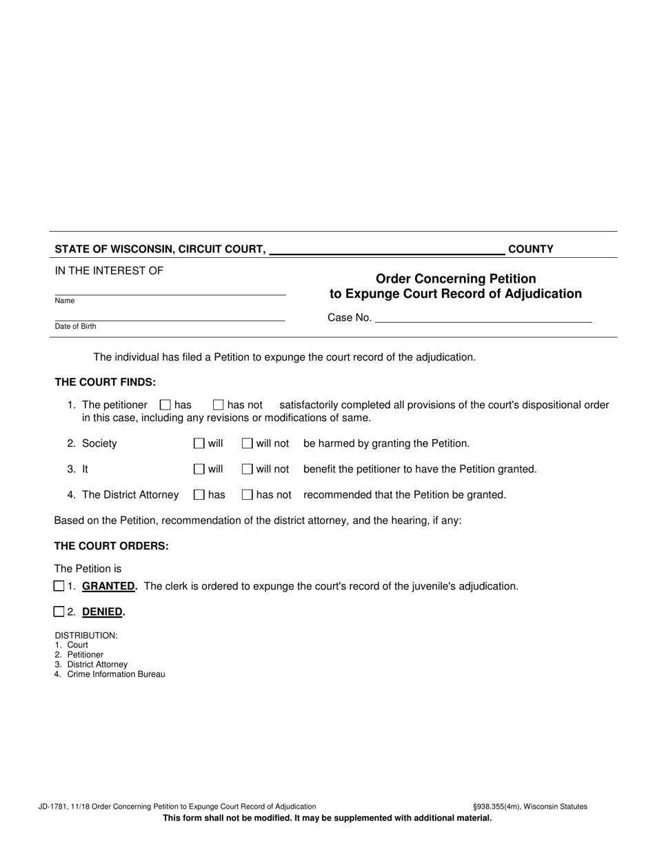 Form JD-1781 Order Concerning Petition to Expunge Court Record of Adjudication - Wisconsin, Page 1