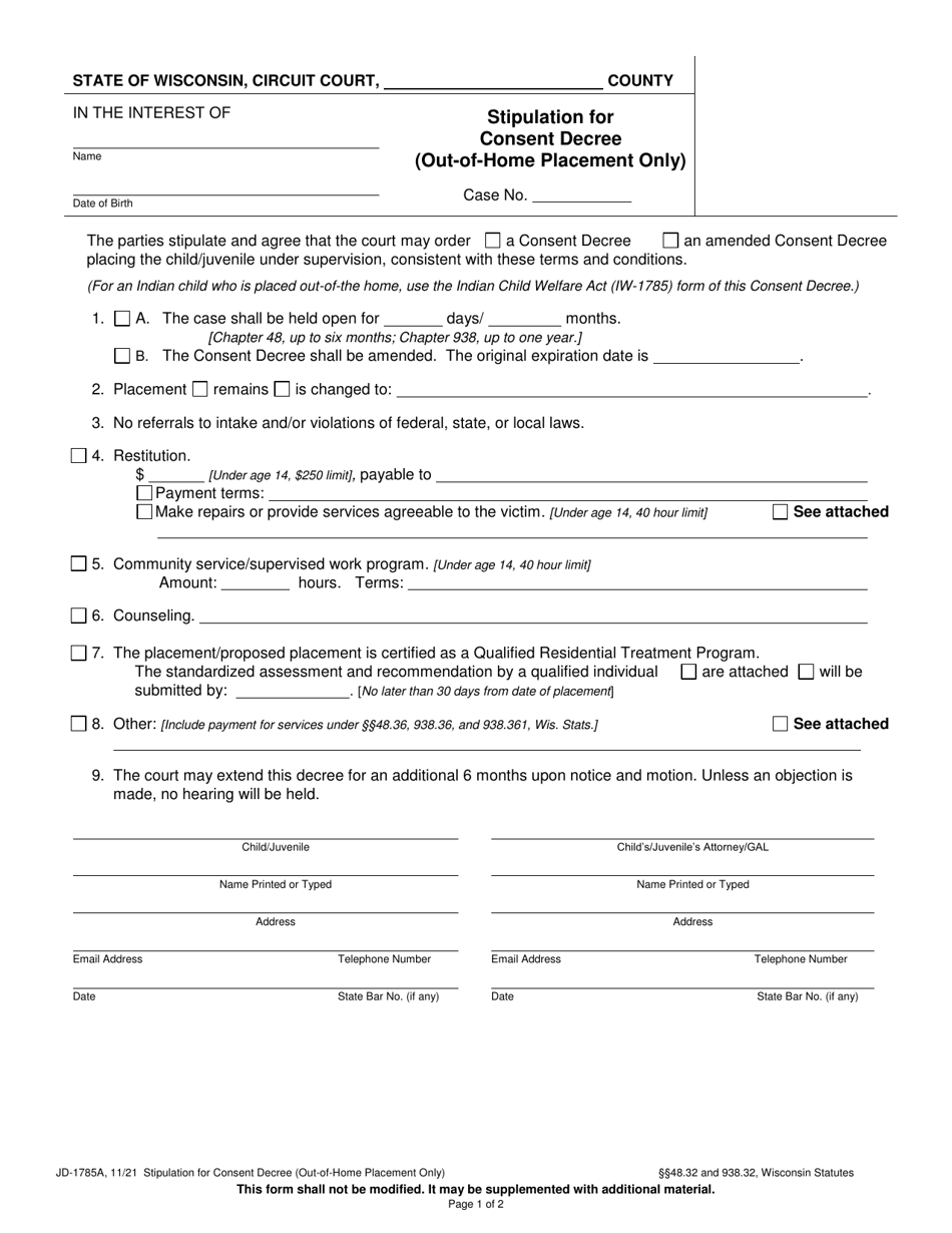 Form JD-1785A Stipulation for Consent Decree (Out-Of-Home Placement Only) - Wisconsin, Page 1