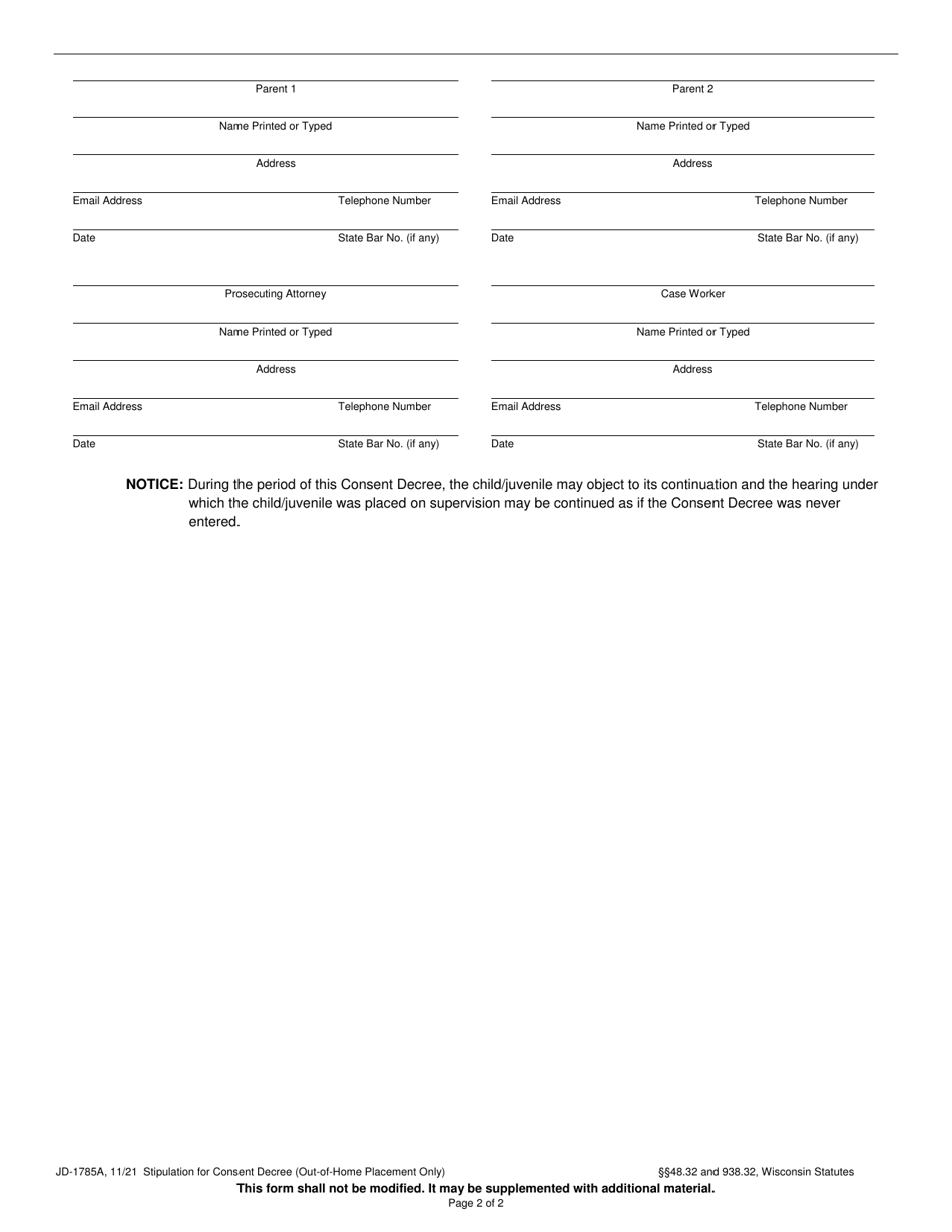Form JD-1785A Stipulation for Consent Decree (Out-Of-Home Placement Only) - Wisconsin, Page 2
