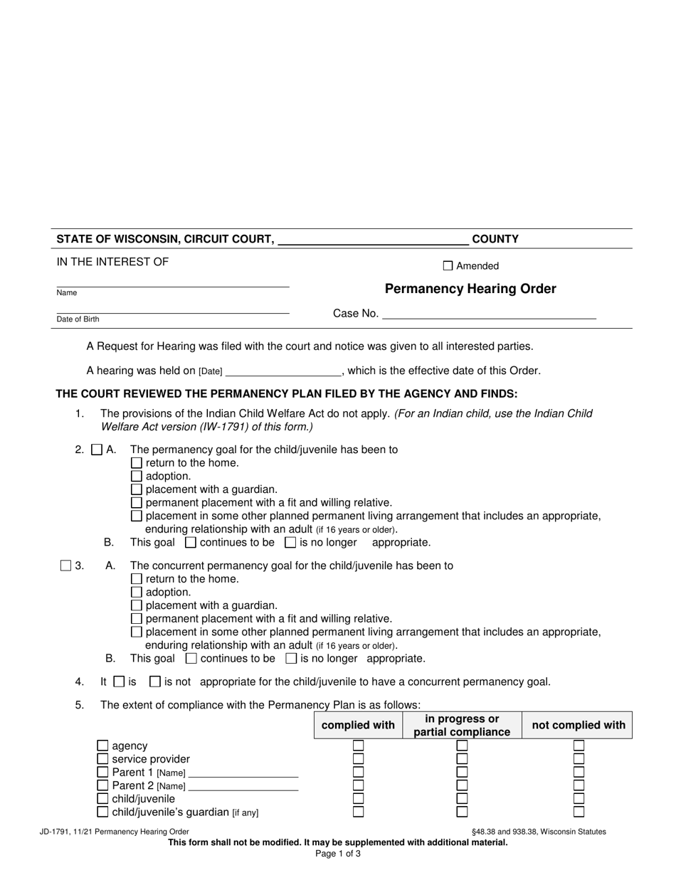 Form JD-1791 Permanency Hearing Order - Wisconsin, Page 1