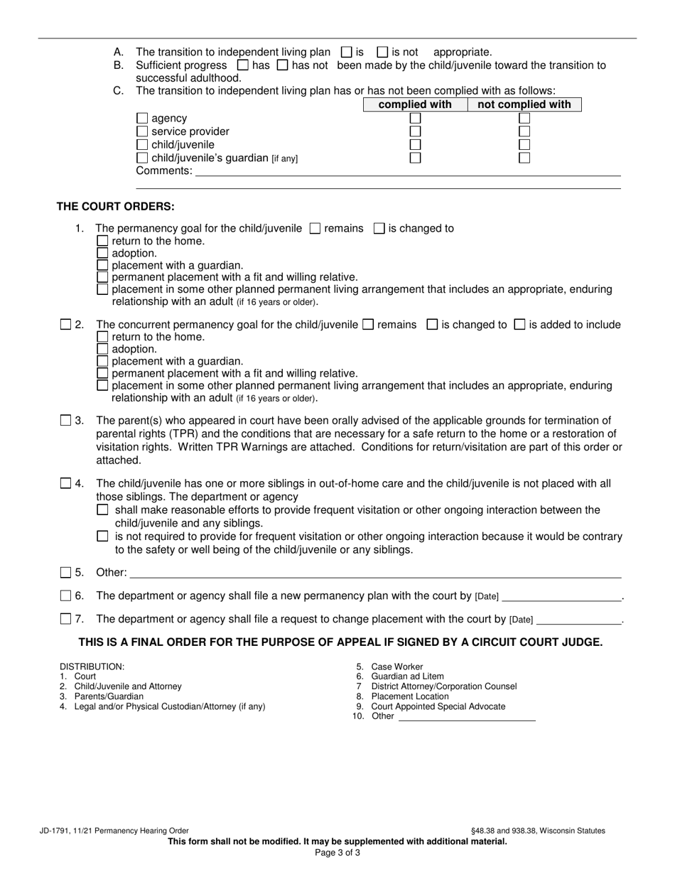 Form JD-1791 Permanency Hearing Order - Wisconsin, Page 3
