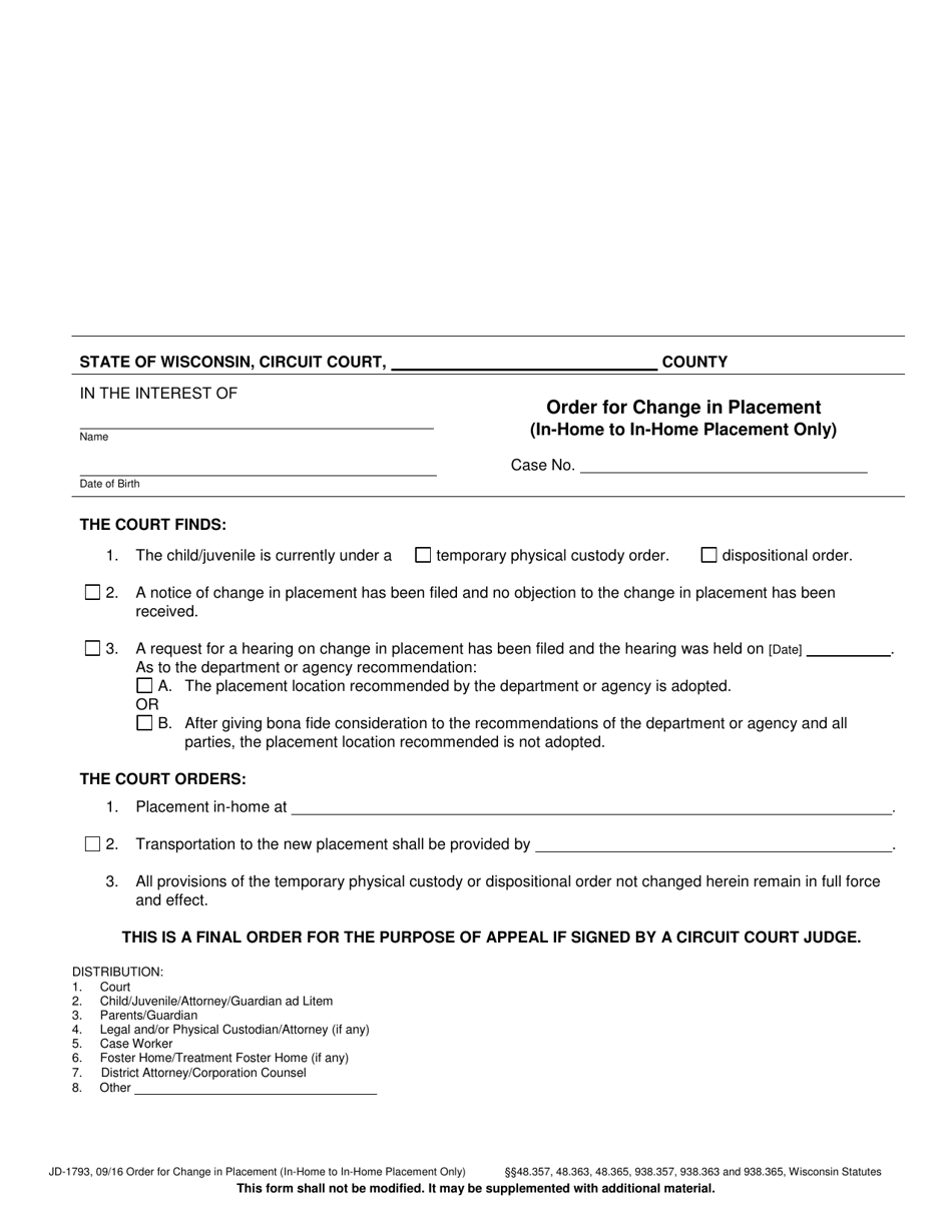 Form JD-1793 Order for Change in Placement (In-home to in-Home Placement Only) - Wisconsin, Page 1