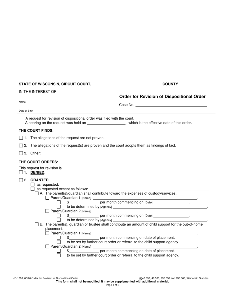Form JD-1786 Order for Revision of Dispositional Order - Wisconsin, Page 1