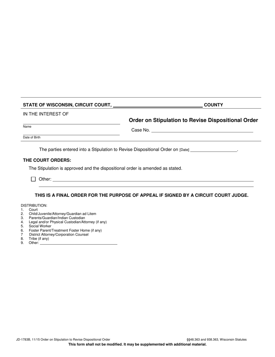 Form JD-1783B Order on Stipulation to Revise Dispositional Order - Wisconsin, Page 1